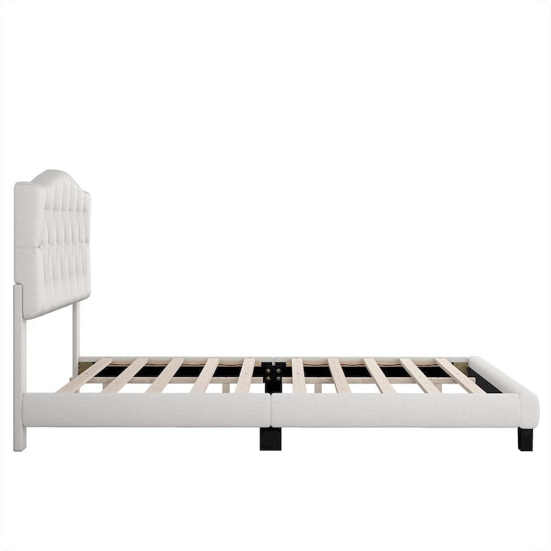 Cama King Beige con Plataforma, Cabecero Curvo Color Montura, con Mechones en Forma de Diamante, Capacidad para 2 Personas