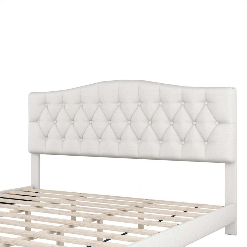 Cama King Beige con Plataforma, Cabecero Curvo Color Montura, con Mechones en Forma de Diamante, Capacidad para 2 Personas
