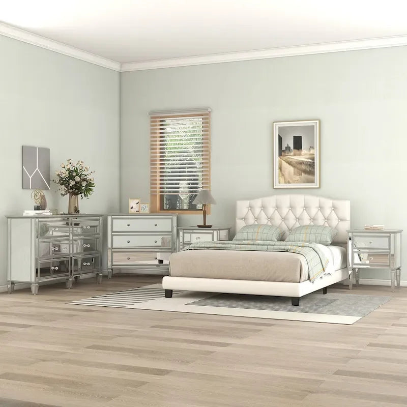 Cama King Beige con Plataforma, Cabecero Curvo Color Montura, con Mechones en Forma de Diamante, Capacidad para 2 Personas