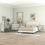 Cama King Beige con Plataforma, Cabecero Curvo Color Montura, con Mechones en Forma de Diamante, Capacidad para 2 Personas