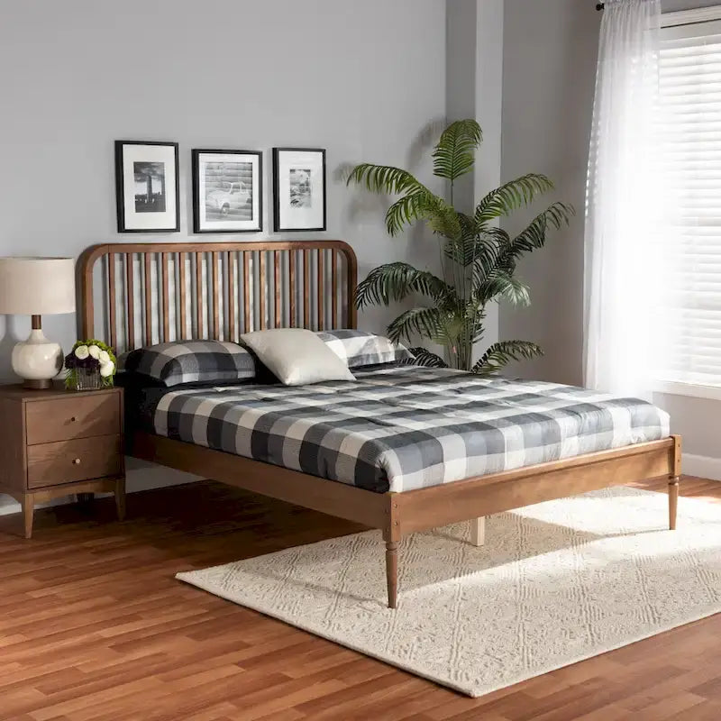 Cama Moderna con Plataforma Color Nogal Marrón y Cabecero de Listones – Para 1 Persona (Matrimonial/Queen/King)