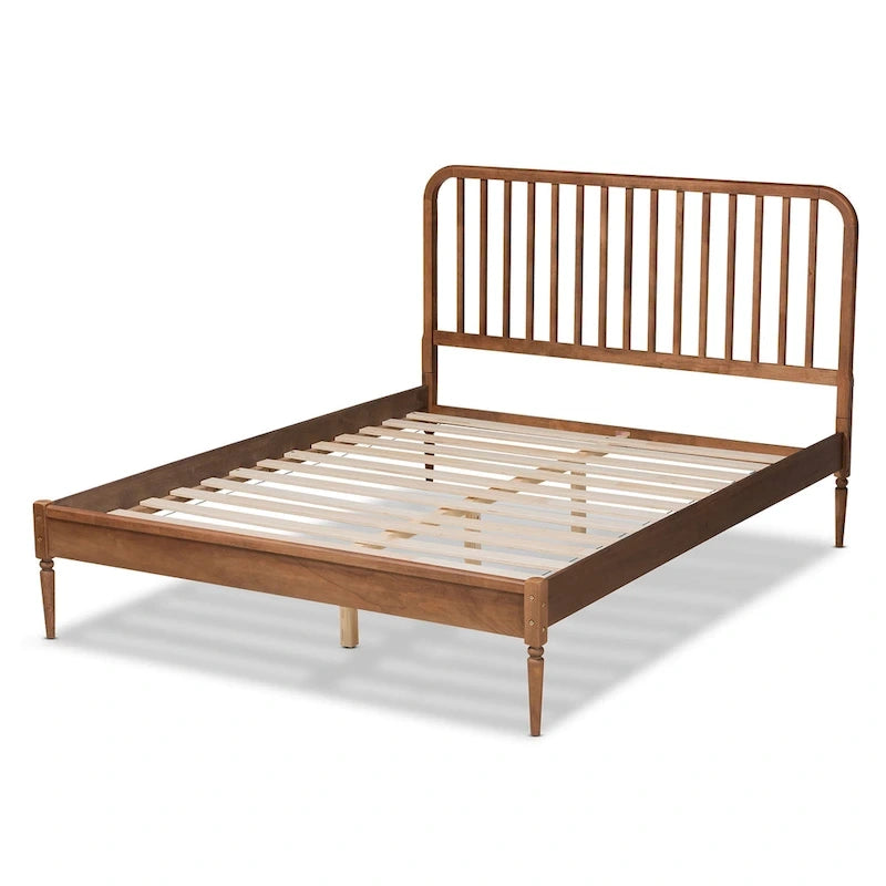 Cama Moderna con Plataforma Color Nogal Marrón y Cabecero de Listones – Para 1 Persona (Matrimonial/Queen/King)
