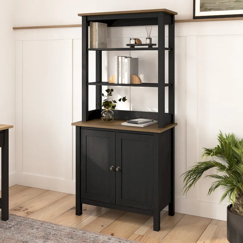 Estantería de 5 estantes con armario de 2 puertas – Gris/Blanco Shiplap o Negro Vintage/Pino, estilo rústico, 1 persona