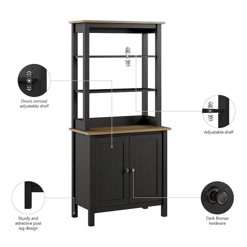 Estantería de 5 estantes con armario de 2 puertas – Gris/Blanco Shiplap o Negro Vintage/Pino, estilo rústico, 1 persona