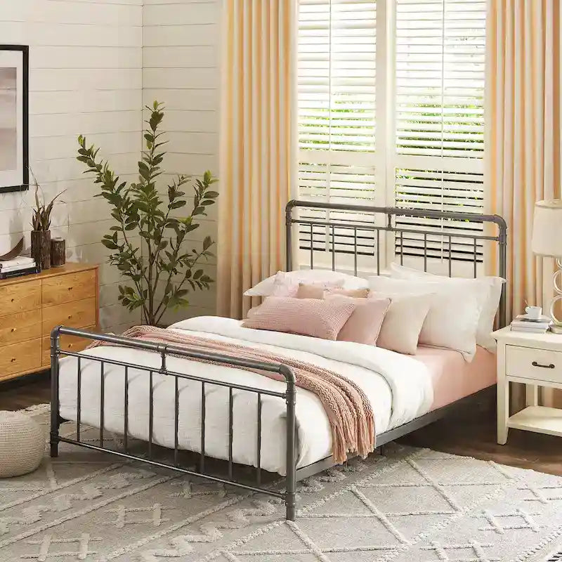 Estructura de cama de metal color carbón, estilo industrial vintage, Queen/King