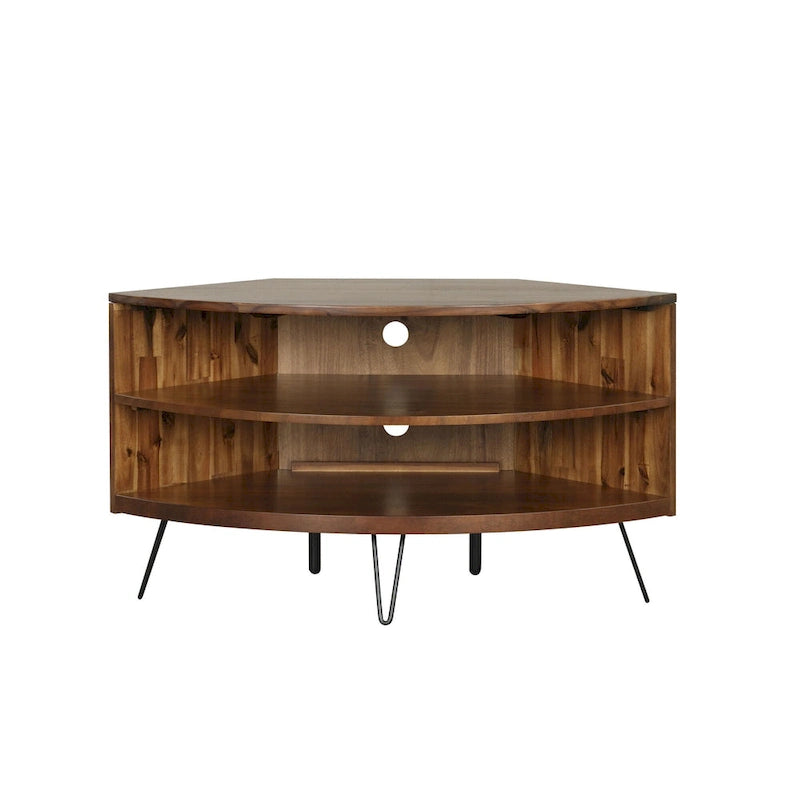 Mueble esquinero rústico marrón para TV con estantes abiertos – 43" (para televisores de hasta 41")