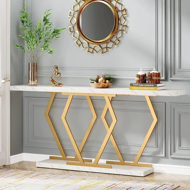 Mesa consola rectangular de mármol sintético blanco y dorado, montaje para 1 persona