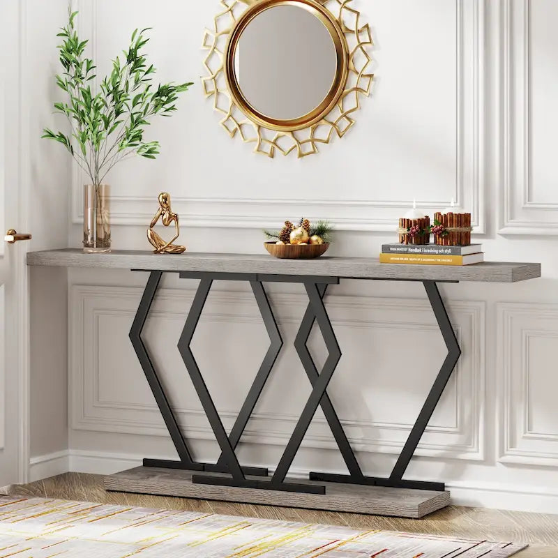 Mesa consola rectangular de mármol sintético blanco y dorado, montaje para 1 persona