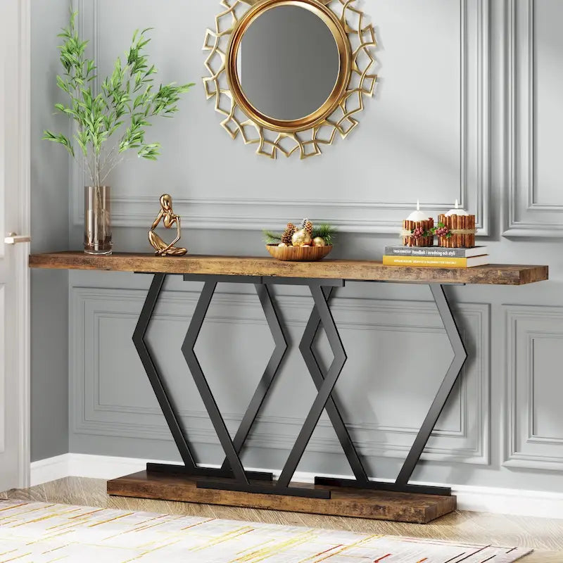 Mesa consola rectangular de mármol sintético blanco y dorado, montaje para 1 persona