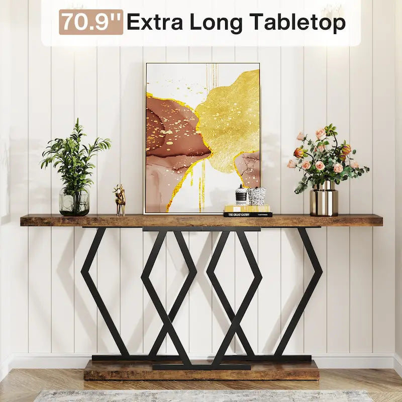 Mesa consola rectangular de mármol sintético blanco y dorado, montaje para 1 persona