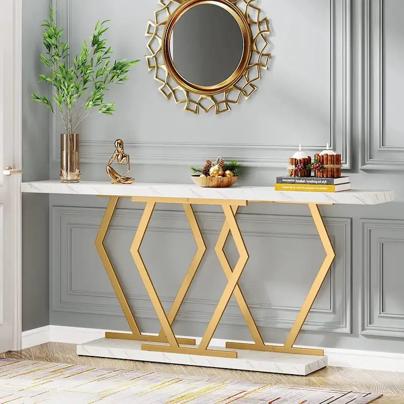 Mesa consola rectangular de mármol sintético blanco y dorado, montaje para 1 persona