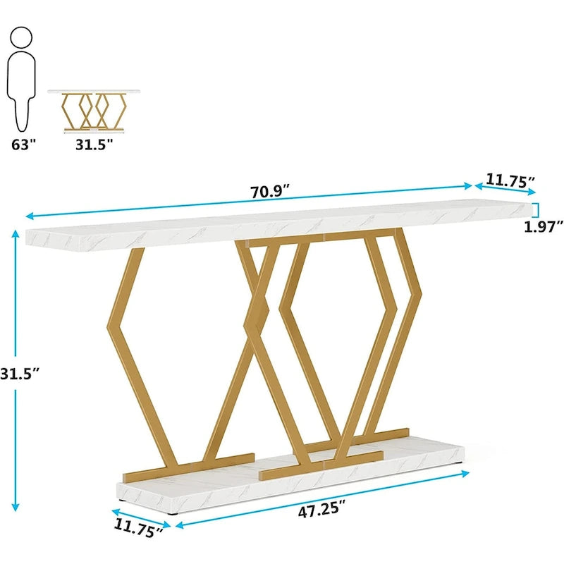 Mesa consola rectangular de mármol sintético blanco y dorado, montaje para 1 persona