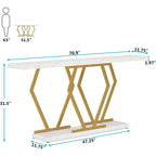 Mesa consola rectangular de mármol sintético blanco y dorado, montaje para 1 persona