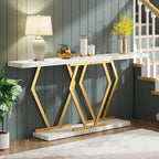 Mesa consola rectangular de mármol sintético blanco y dorado, montaje para 1 persona