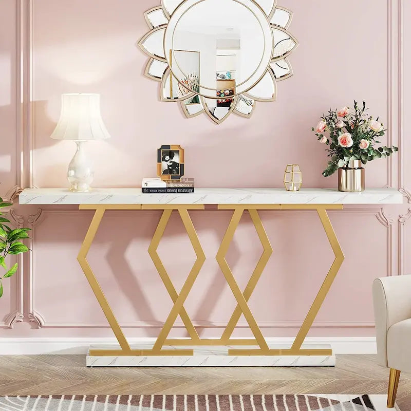 Mesa consola rectangular de mármol sintético blanco y dorado, montaje para 1 persona