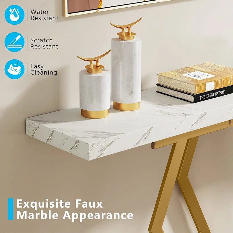 Mesa consola rectangular de mármol sintético blanco y dorado, montaje para 1 persona