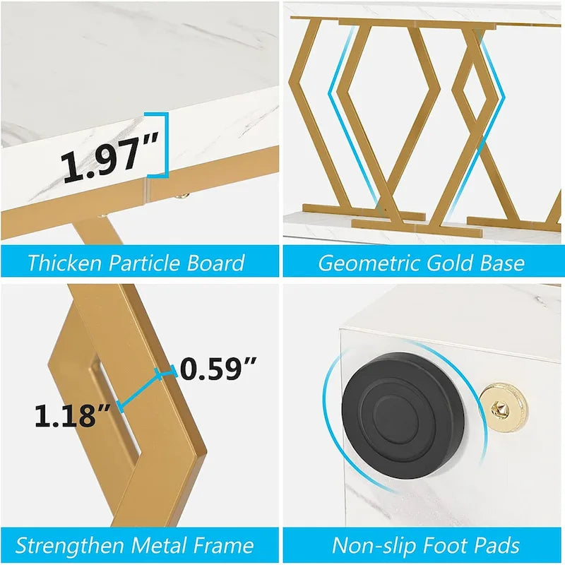Mesa consola rectangular de mármol sintético blanco y dorado, montaje para 1 persona