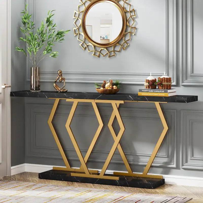 Mesa consola rectangular de mármol sintético blanco y dorado, montaje para 1 persona