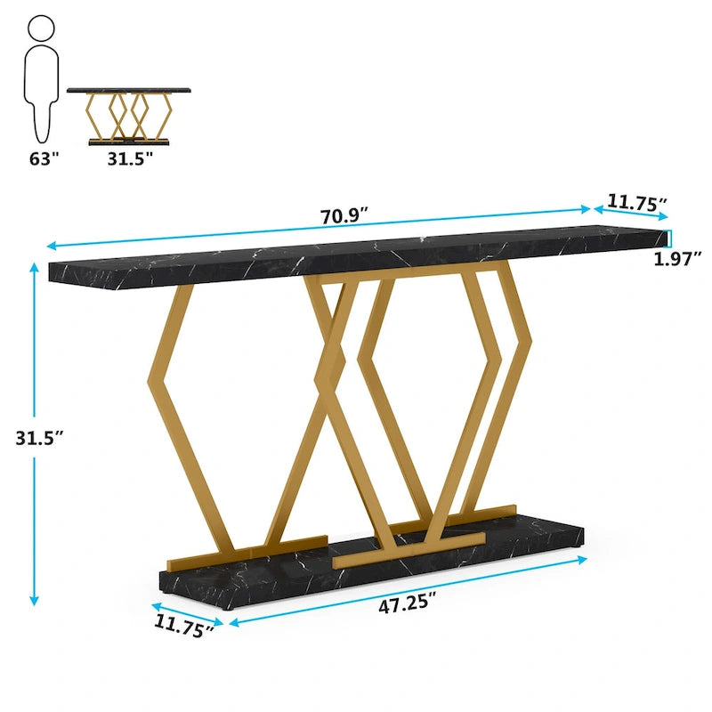 Mesa consola rectangular de mármol sintético blanco y dorado, montaje para 1 persona
