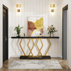 Mesa consola rectangular de mármol sintético blanco y dorado, montaje para 1 persona