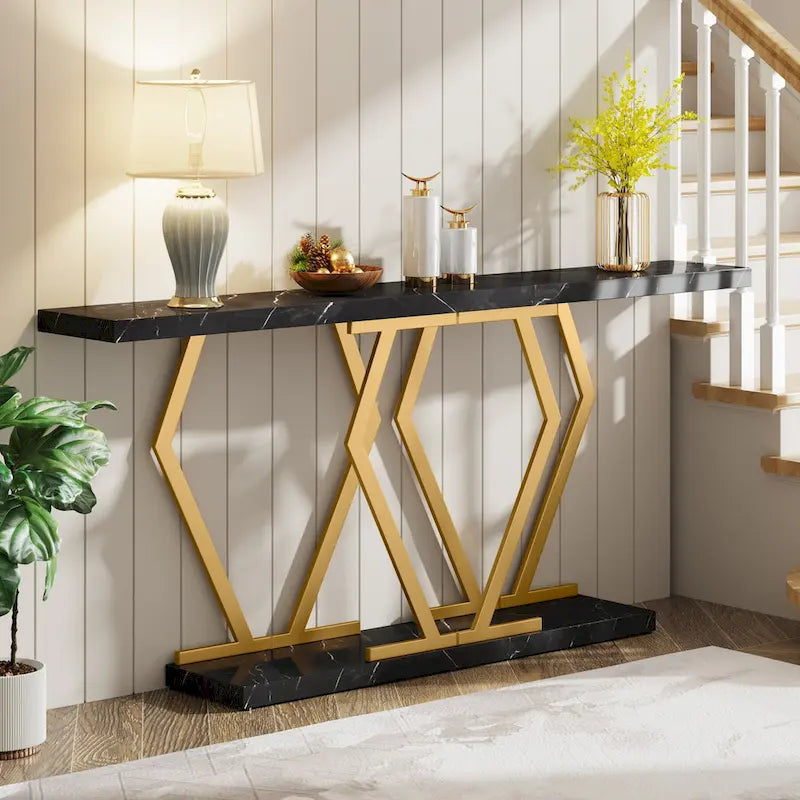 Mesa consola rectangular de mármol sintético blanco y dorado, montaje para 1 persona