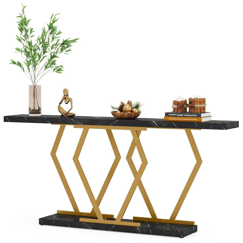 Mesa consola rectangular de mármol sintético blanco y dorado, montaje para 1 persona