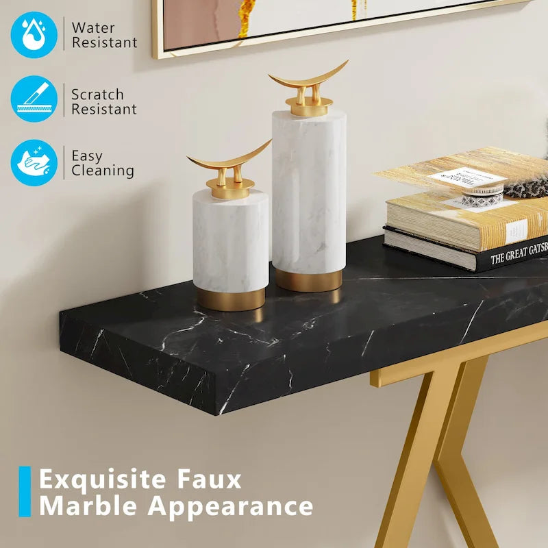 Mesa consola rectangular de mármol sintético blanco y dorado, montaje para 1 persona