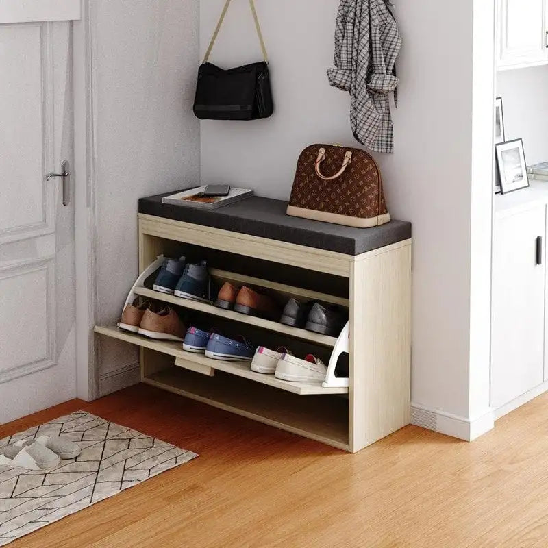 Banco para zapatos de ratán beige con cajón abatible y cojín de asiento, 1 plaza