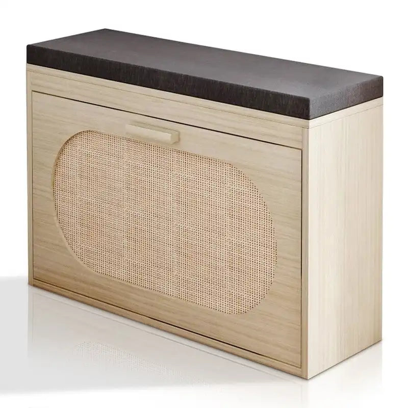 Banco para zapatos de ratán beige con cajón abatible y cojín de asiento, 1 plaza
