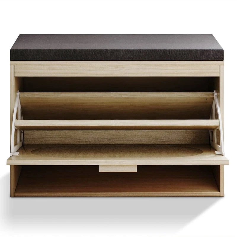 Banco para zapatos de ratán beige con cajón abatible y cojín de asiento, 1 plaza
