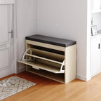 Banco para zapatos de ratán beige con cajón abatible y cojín de asiento, 1 plaza