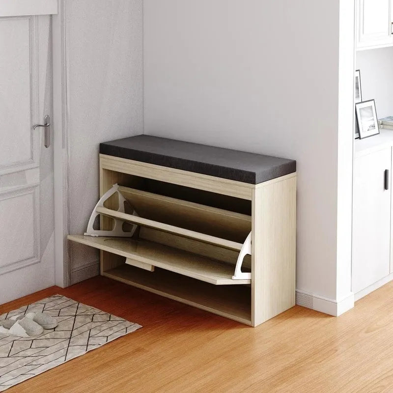 Banco para zapatos de ratán beige con cajón abatible y cojín de asiento, 1 plaza
