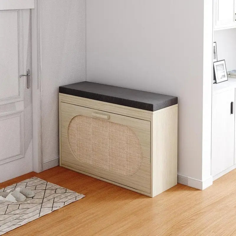 Banco para zapatos de ratán beige con cajón abatible y cojín de asiento, 1 plaza