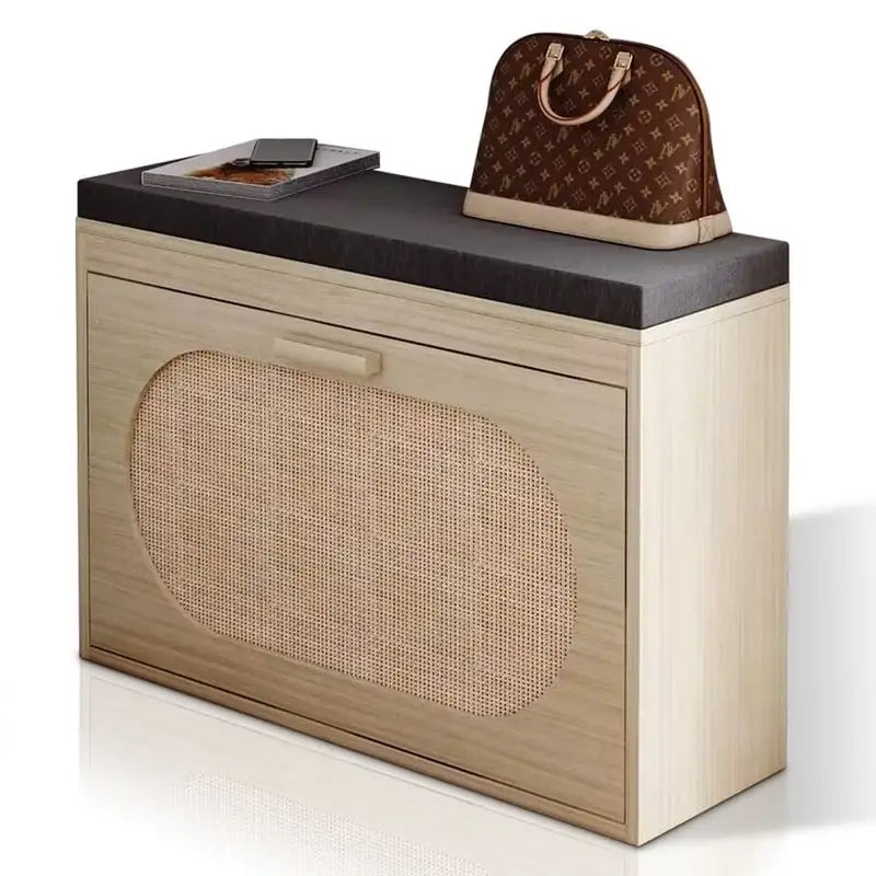 Banco para zapatos de ratán beige con cajón abatible y cojín de asiento, 1 plaza