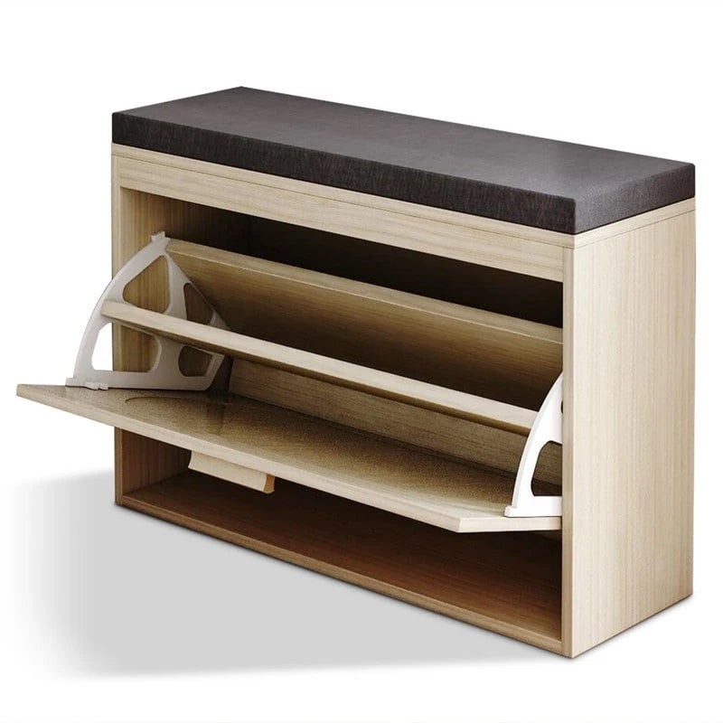Banco para zapatos de ratán beige con cajón abatible y cojín de asiento, 1 plaza