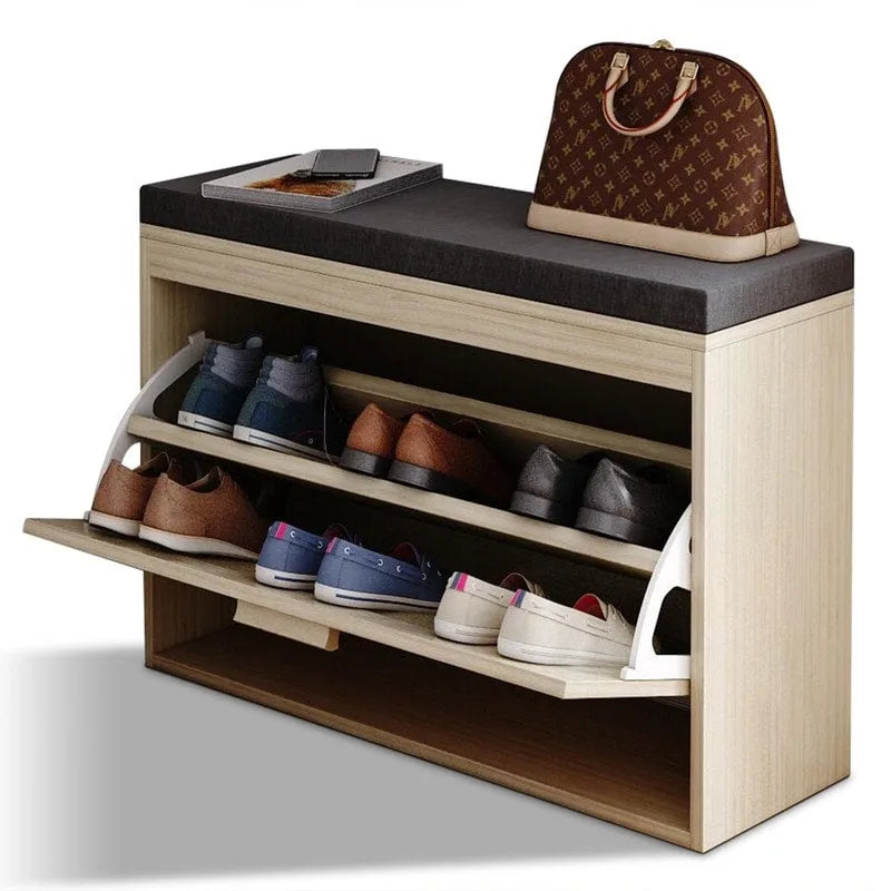 Banco para zapatos de ratán beige con cajón abatible y cojín de asiento, 1 plaza