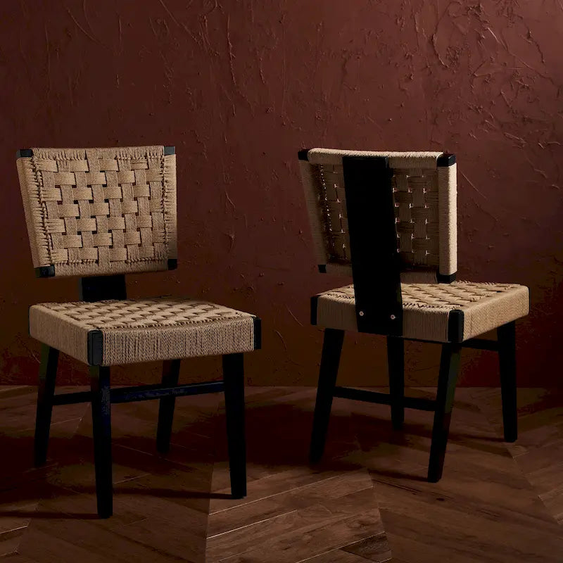 Silla de comedor sin brazos de tejido natural, opciones en negro/natural y nogal, juego de 2