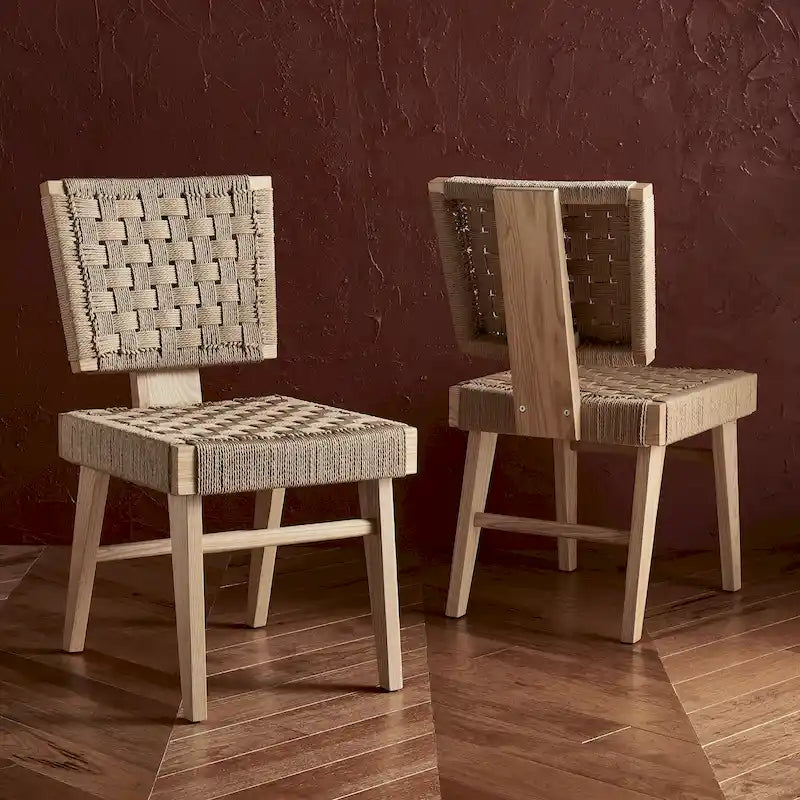 Silla de comedor sin brazos de tejido natural, opciones en negro/natural y nogal, juego de 2