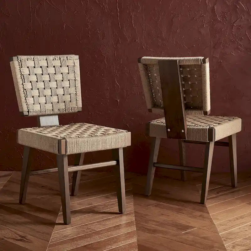 Silla de comedor sin brazos de tejido natural, opciones en negro/natural y nogal, juego de 2