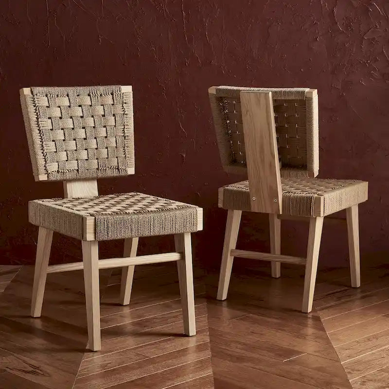 Silla de comedor sin brazos de tejido natural, opciones en negro/natural y nogal, juego de 2