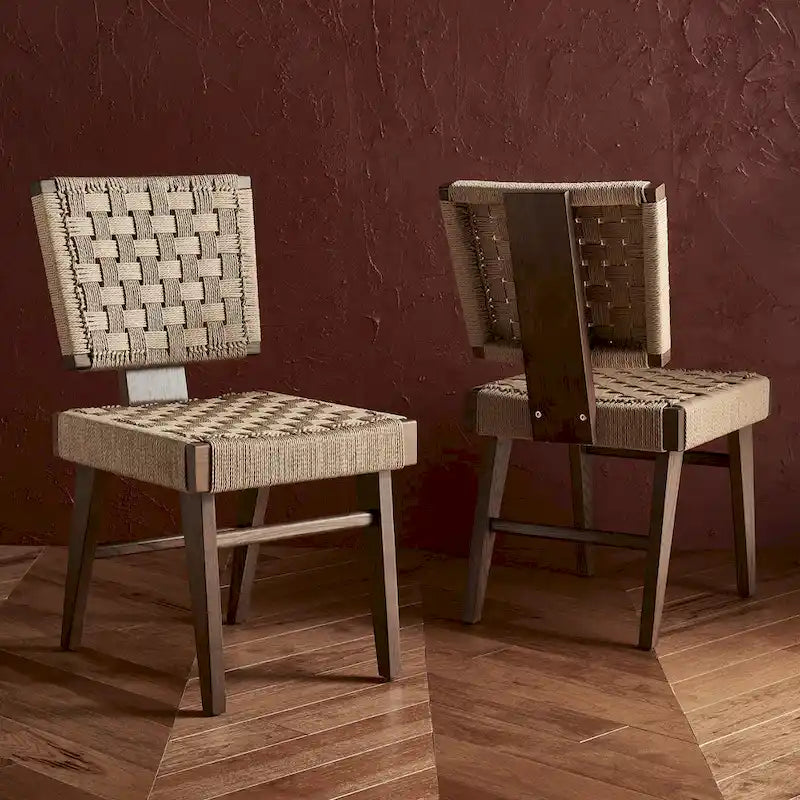 Silla de comedor sin brazos de tejido natural, opciones en negro/natural y nogal, juego de 2