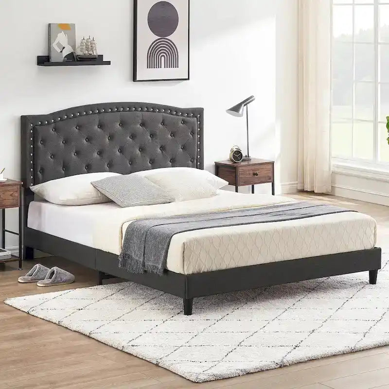 Base de cama tapizada con capitoné y plataforma, estilo Wingback, en gris o negro – Matrimonial / Queen, 2 personas