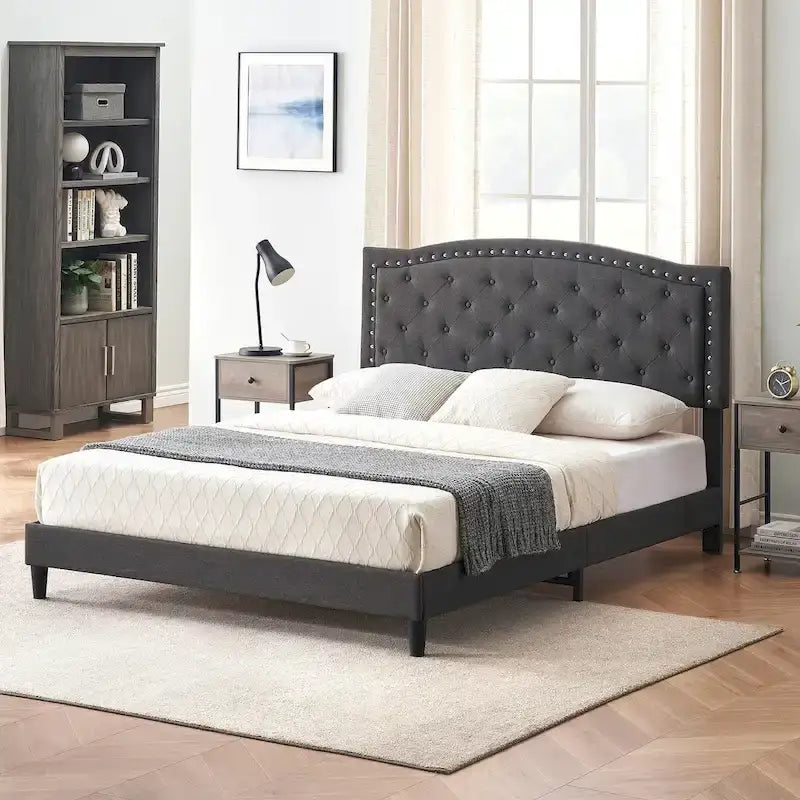 Base de cama tapizada con capitoné y plataforma, estilo Wingback, en gris o negro – Matrimonial / Queen, 2 personas