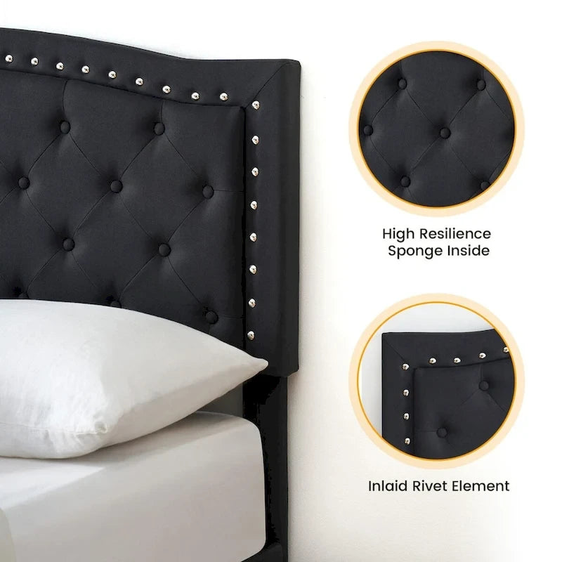 Base de cama tapizada con capitoné y plataforma, estilo Wingback, en gris o negro – Matrimonial / Queen, 2 personas
