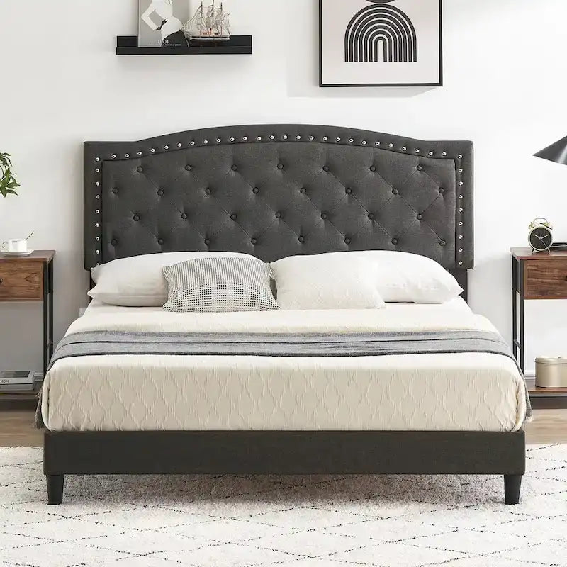 Base de cama tapizada con capitoné y plataforma, estilo Wingback, en gris o negro – Matrimonial / Queen, 2 personas