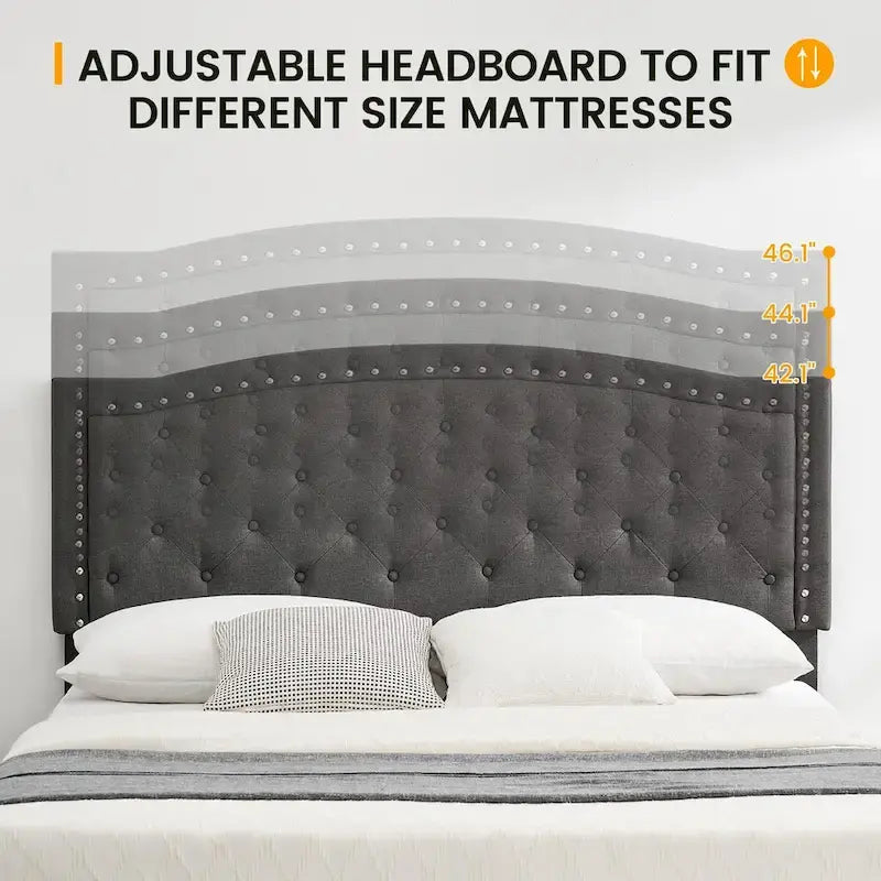 Base de cama tapizada con capitoné y plataforma, estilo Wingback, en gris o negro – Matrimonial / Queen, 2 personas