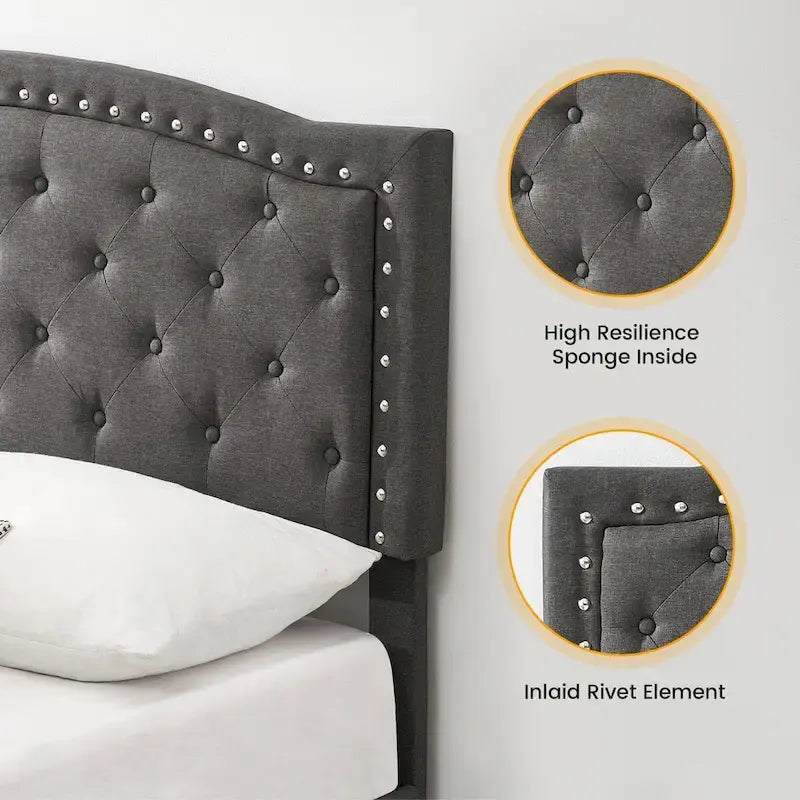 Base de cama tapizada con capitoné y plataforma, estilo Wingback, en gris o negro – Matrimonial / Queen, 2 personas