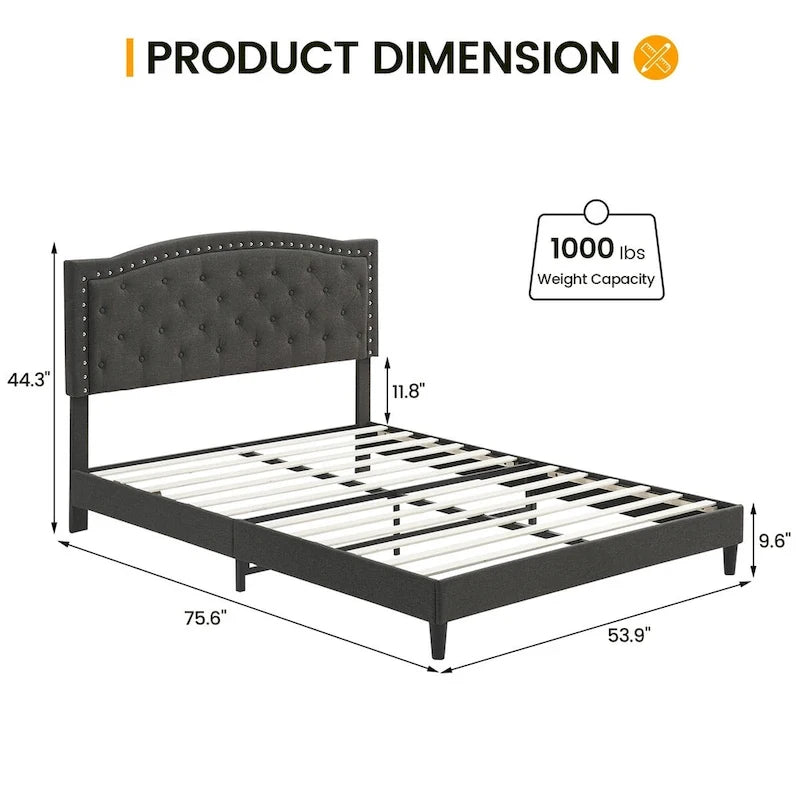 Base de cama tapizada con capitoné y plataforma, estilo Wingback, en gris o negro – Matrimonial / Queen, 2 personas