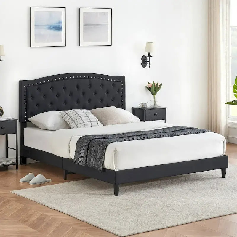 Base de cama tapizada con capitoné y plataforma, estilo Wingback, en gris o negro – Matrimonial / Queen, 2 personas