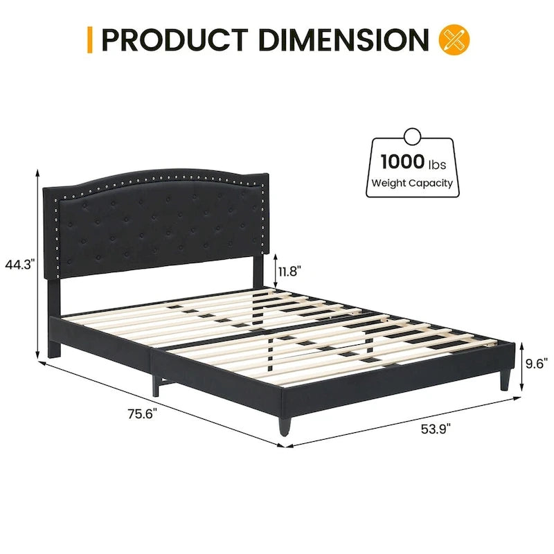 Base de cama tapizada con capitoné y plataforma, estilo Wingback, en gris o negro – Matrimonial / Queen, 2 personas